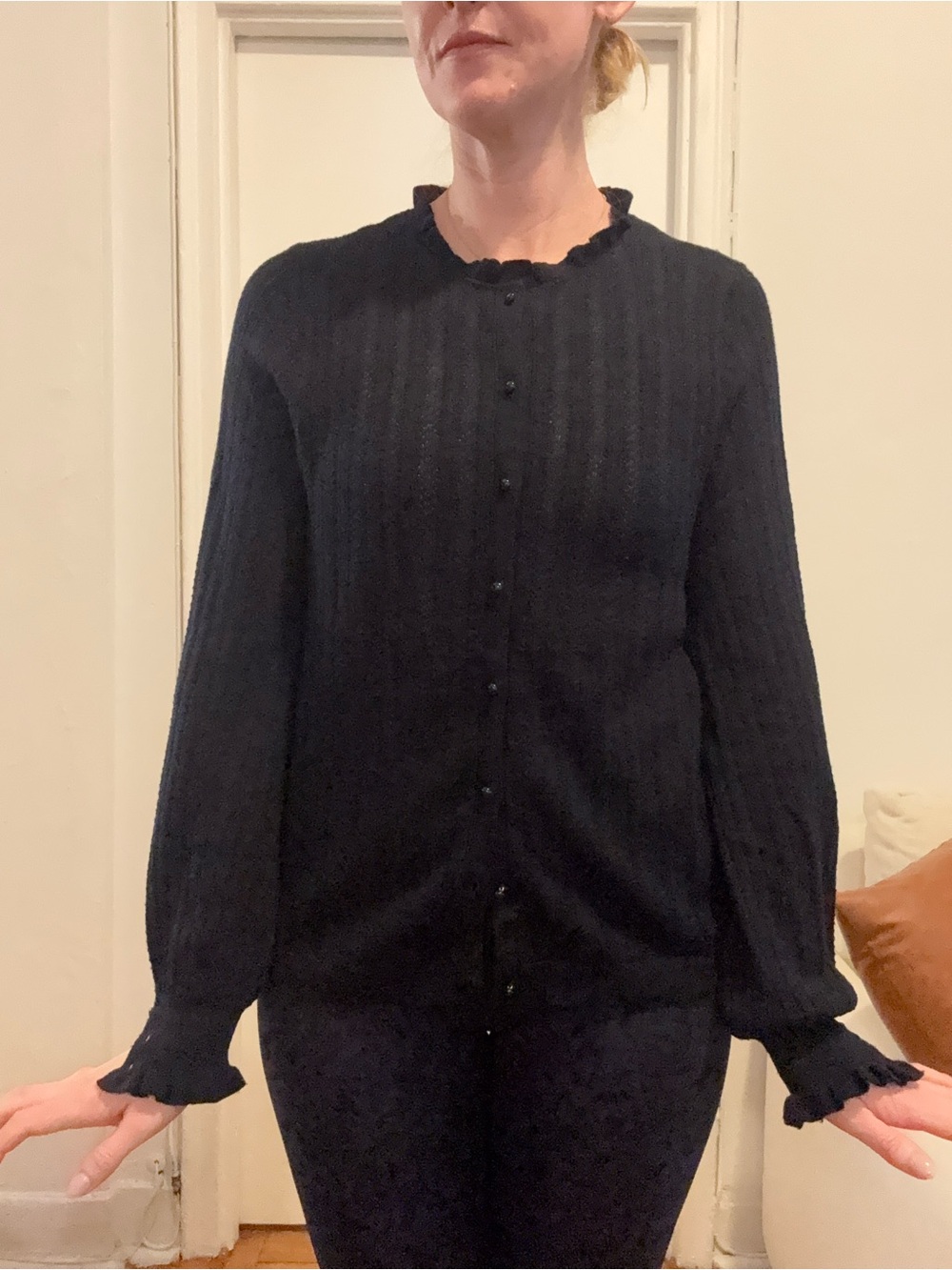 Sezane Women’s Navy Ruffled Edge Button-Up Cardigan